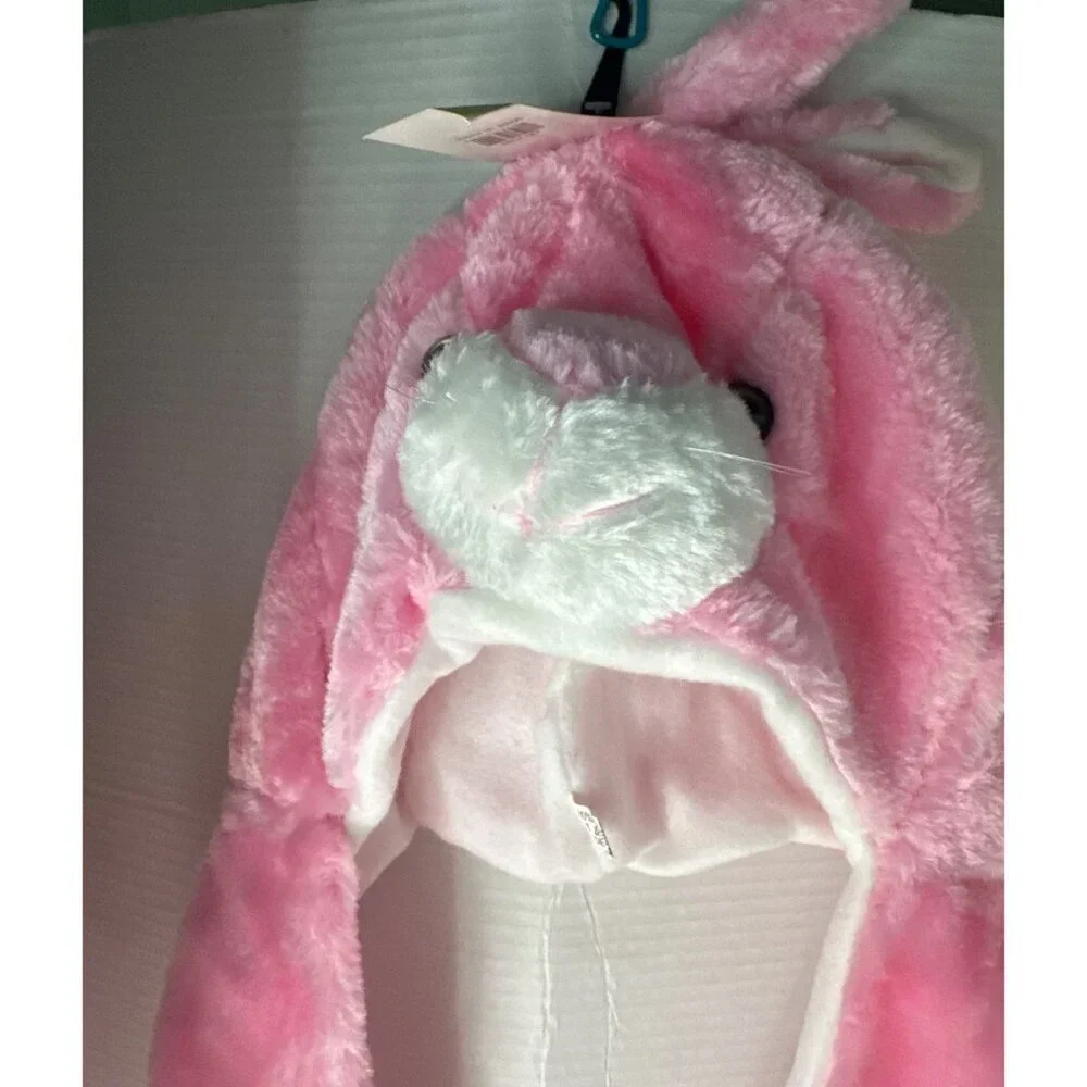 Pink Bunny Plush Hat Ear Flaps with Arm-Length Attached Mittens fall cozy